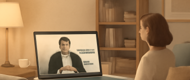 Desen animat cu pisică jucându-se cu o bilă de lână roșie într-un cadru luminos de casă.